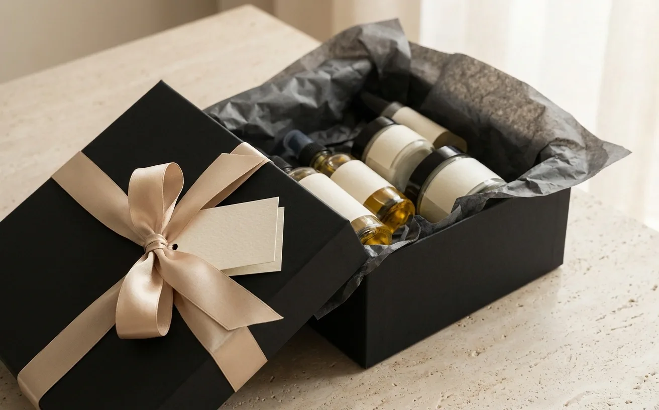 A black gift box with a champagne satin bow and a blank tag, open to show bottles of oil and jars of cream in dark tissue paper