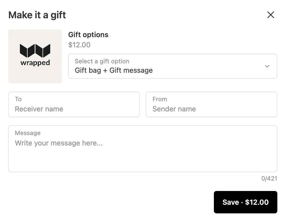 The checkout Gift Block: the gift product with its price, a select for the gift choice, To and From fields, a message box, and Save with the gift price