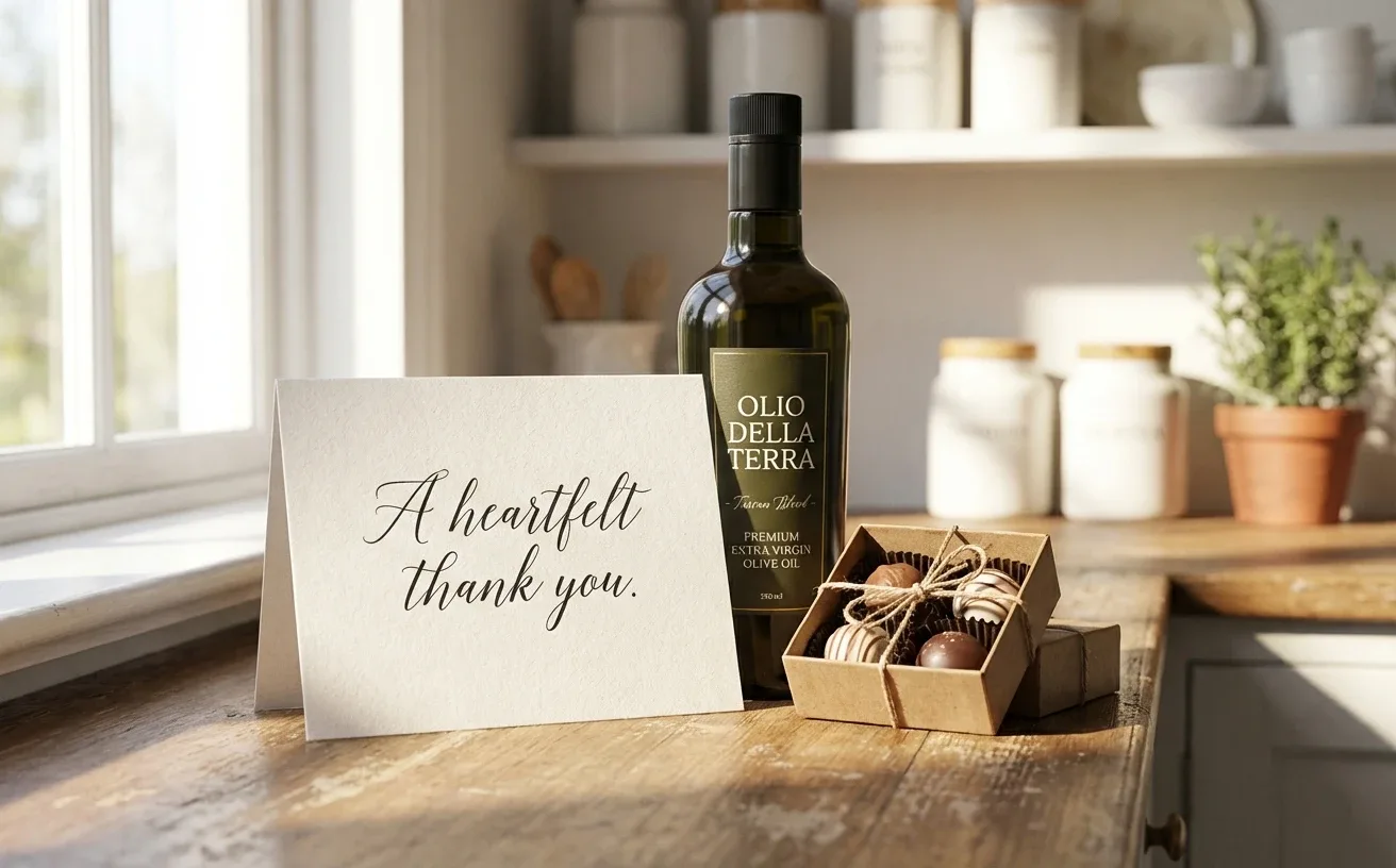 A card that reads A heartfelt thank you, standing beside a bottle of olive oil and a small box of chocolates on a wooden counter