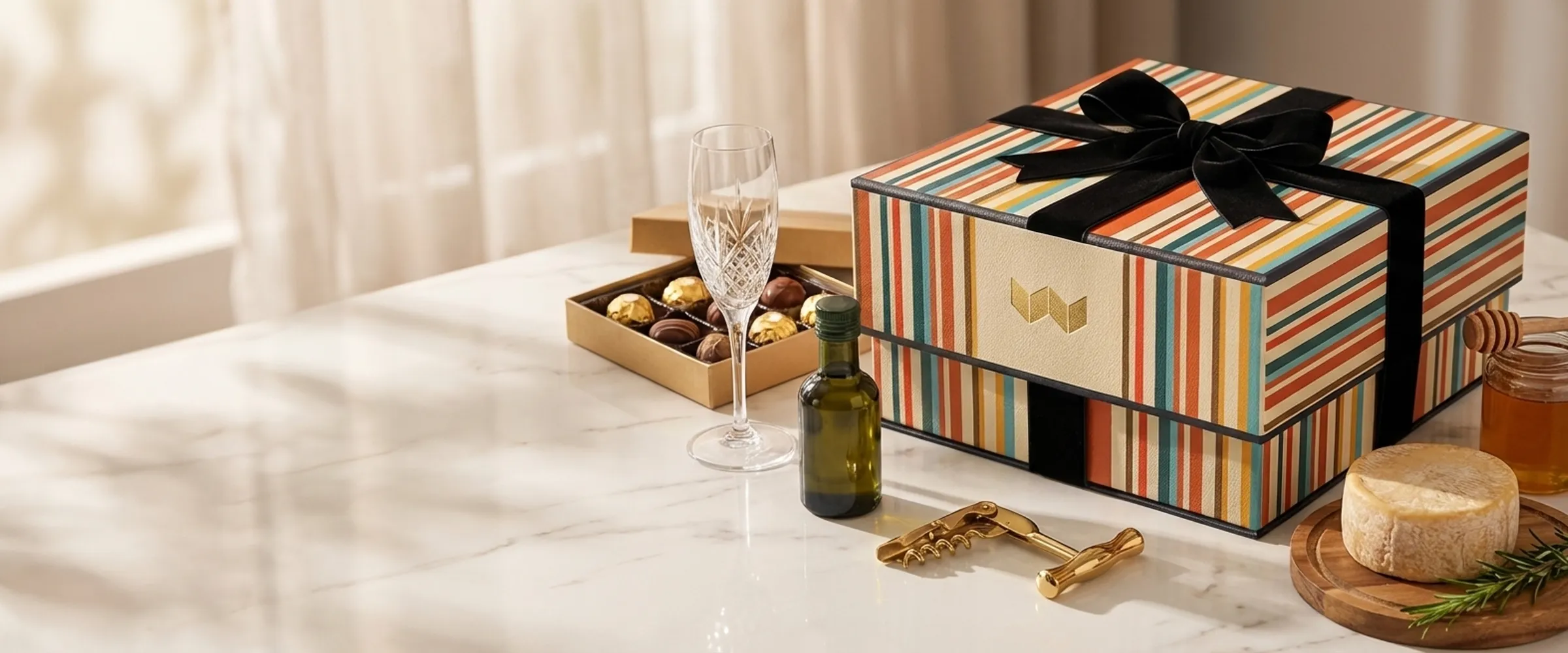 A striped Wrapped gift box on marble beside a box of chocolates, a champagne flute, a bottle of olive oil, a gold corkscrew, a wheel of cheese, and a jar of honey