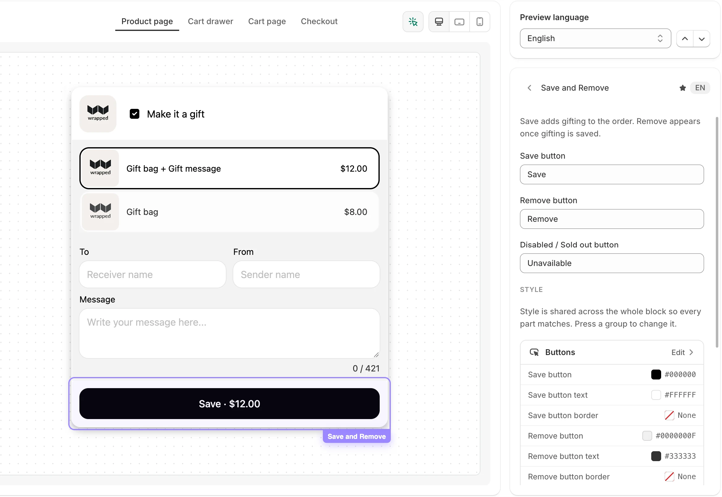 The inspector in the Gifting editor: the Save button is outlined on the block, and its Save and Remove panel is open on the right with the button labels and colours