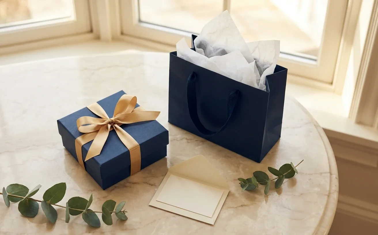 A navy gift box with a gold bow, a navy gift bag with tissue paper, and a blank card on a marble table