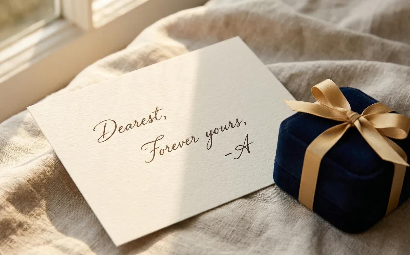 A handwritten card that reads Dearest, forever yours, beside a navy ring box with a gold bow on linen