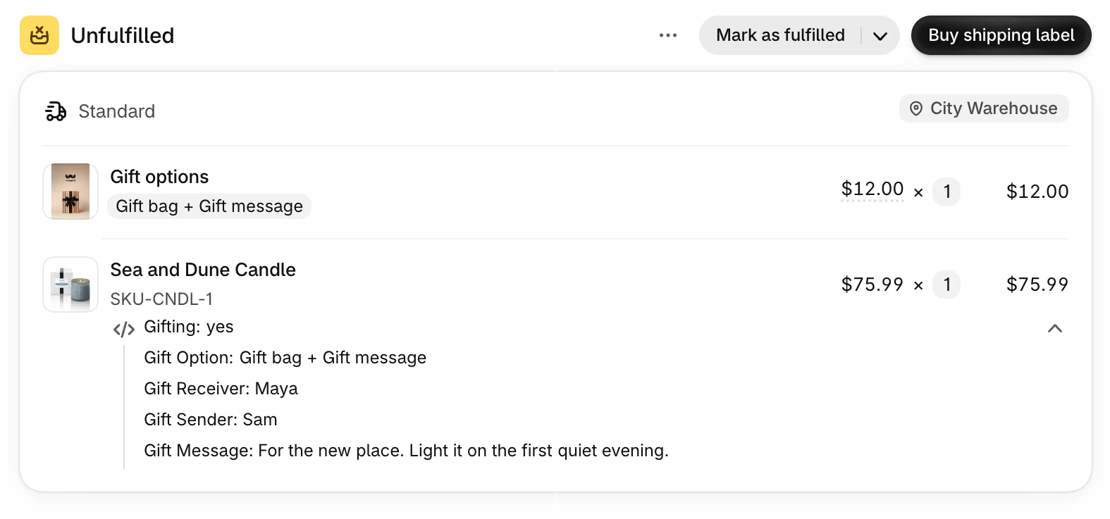 A Shopify order's Unfulfilled card: the gift bag line, then the candle with its gift option, the receiver, the sender, and the gift message