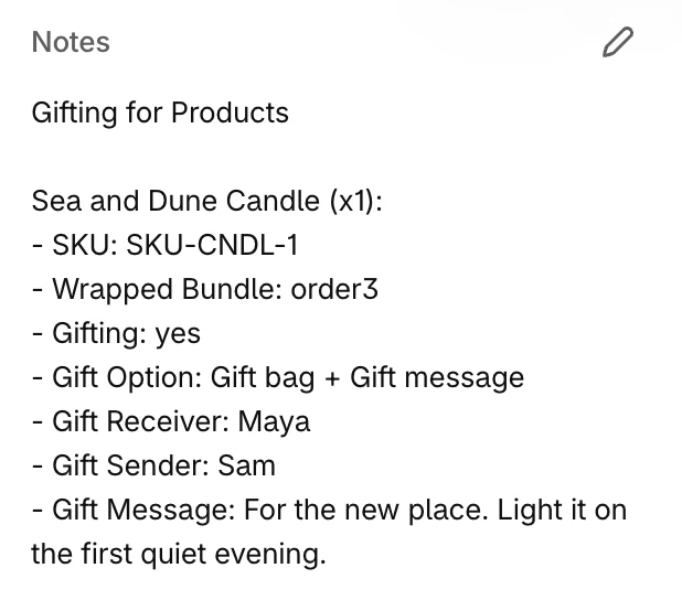 The order note: the gifted item with its SKU, bundle key, gift option, receiver, sender, and message, one per line